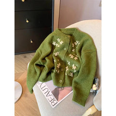 Hnewly  Green Crochet Knitted Sweater Women's Retro Soft  Embroidery Loose Long Sleeved Jacket Round Neck Single Breasted Cardigan Top
