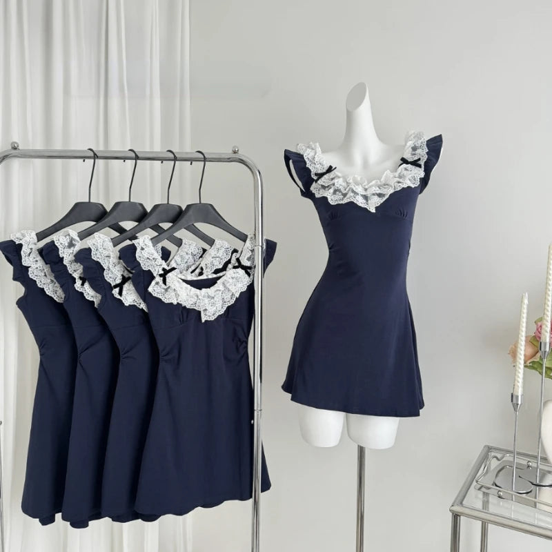 Hnewly 2000s Vintage Lace Patchwork Mini Dress Women Sexy Bow Lace-up Sleeveless Dress One Piece Korean Fashion Clothing Summer 2024