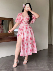 Hnewly  New Big Size Sexy V-Neck Floral Print Long Dresses Summer Side Slits Petal Sleeves Elegant Party Dress Plus Size Woman Clothing