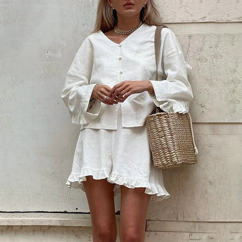 Hnewly  Women Fall Lounge Outfit Vintage Button Up V Neck Long Sleeve Blouse Shirt Tops Elastic Waist Ruffle Shorts 2 Piece Casual Set