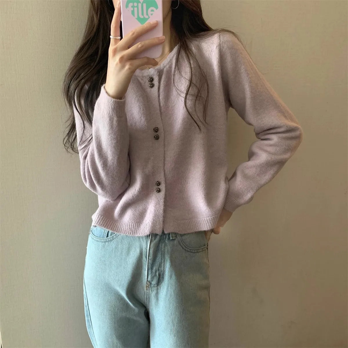 Hnewly  Sweet Short Hollowed Out Sweater Chic Buttons Long Sleeved Knitted  Cardigan Jacket Korean series Round Neck Loose Top