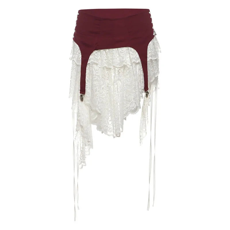 Hnewly  Y2k Aesthetic Irregular Lace Mini Skirts Women High Waist Patchwork See Through Skirt Harajuku A-Line Grunge Fairy Faldas