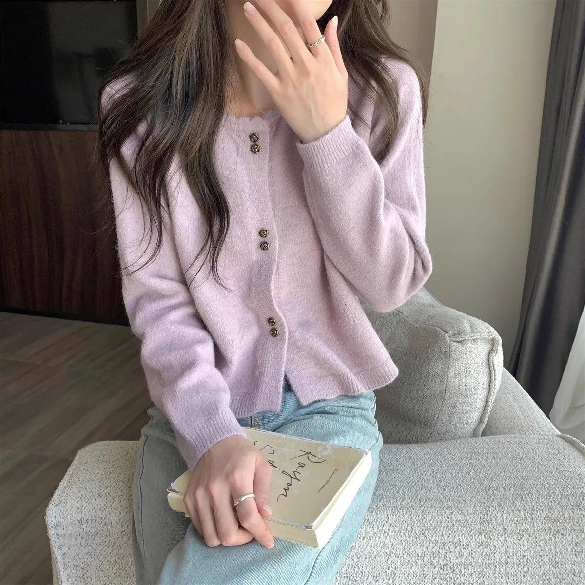 Hnewly  Sweet Short Hollowed Out Sweater Chic Buttons Long Sleeved Knitted  Cardigan Jacket Korean series Round Neck Loose Top