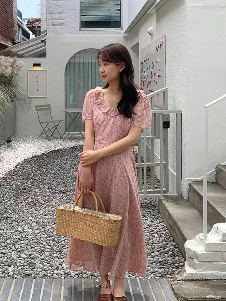Hnewly  Woman Dress Short Sleeve Floral Printed Ruffles French Style Chic Summer Fashion Casual Temperament Elegant Dresses