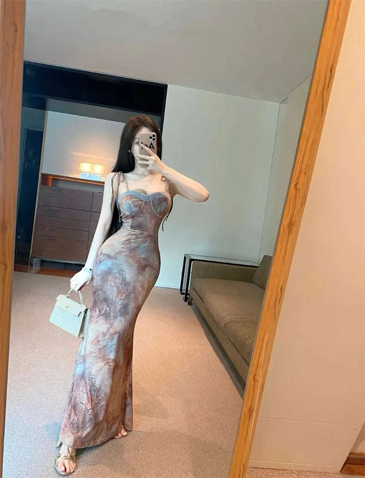 Hnewly  Temperament Elegant Dresses Women Oil Painting Floral Printed Sleeveless Vintage Stretch Bandage Party Dress Female Party