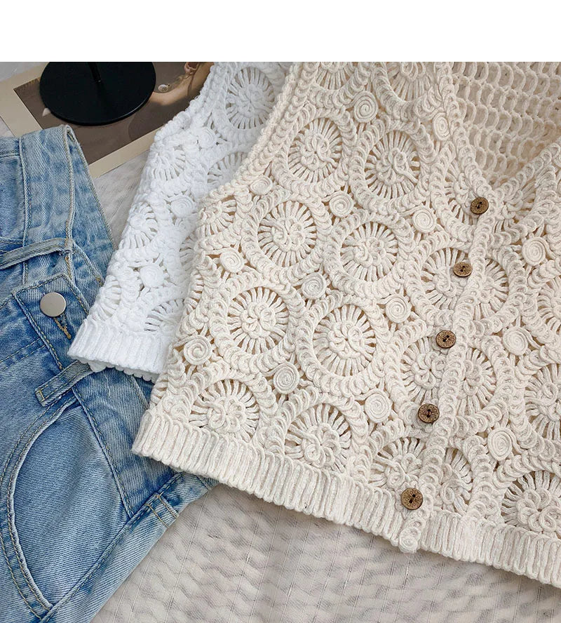 Hnewly Women Summer Hollow Out Knit Vest French Style V-Neck Sleeveless Hooked Flower Sweater 2023 New All-Match Outwear Short Top