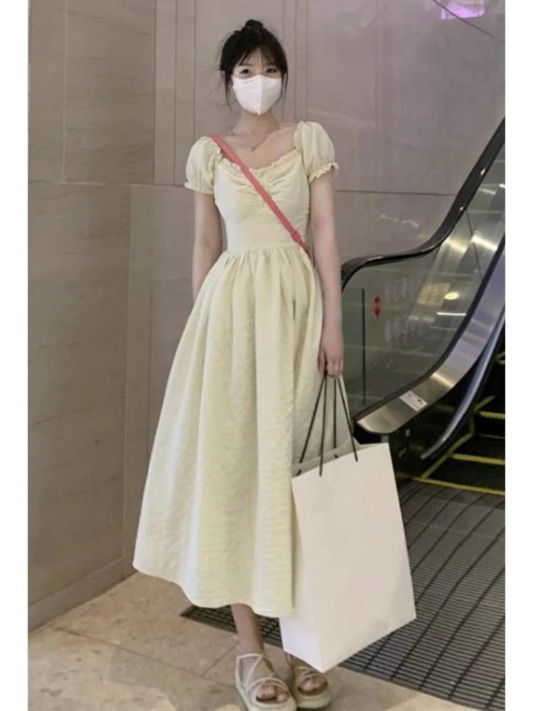 Hnewly  Woman Dress Puff Short Sleeve Square Collar Ruffles Patchwork Sweet Elegant Fashion Princess Female Casual Dresses
