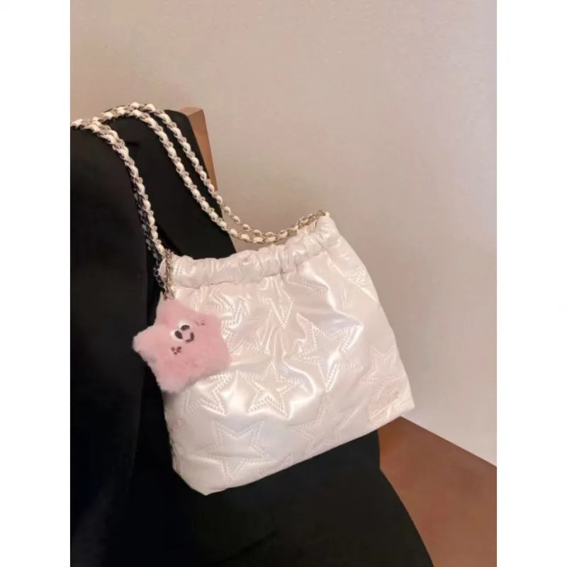 Hnewly  Sweet Cute White Star Bucket Bag Women Stitching Leather Large Capacity Shoulder Bag Ladies Fashion Chain Y2k Crossbody Bag