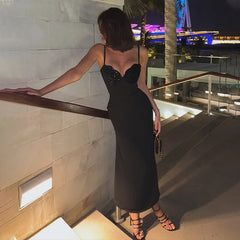 Hnewly Women's New Fashionable and Elegant Sleeveless Strap with sequins Splicing Waist cinching and slimming Dress
