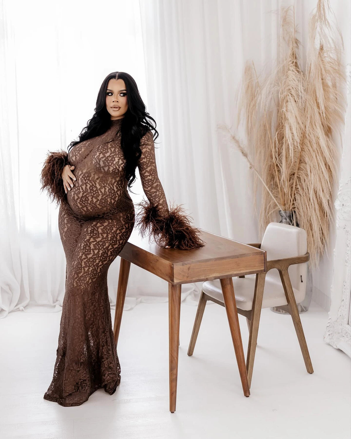 Hnewly  Plus Size Maternity Lace Gown with Feather Sleeves, Brown Mermaid Dress for Pregnant Women, Sexy Sheer Long Sleeve Baby Shower
