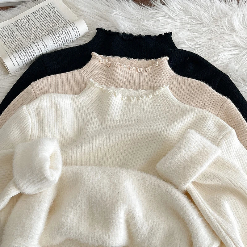 Hnewly  Lace Edge Half High Collar Sweater Autumn Winter New Women's Long Sleeve Top Warm Solid Color Slim Basic Knit Pullover