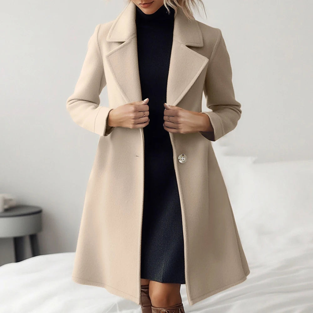 Hnewly Women's Coats Autumn Winter French Apricot Plain Single Breasted Long Sleeve Lapel Loose Maxi Casual Coats