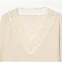 Hnewly  Casual Knitted Lace Patchwork Sweater Women Loose V Neck Full Sleeve Female Pullover Autumn Winter Lady Cozy Knitwear