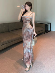 Hnewly  Temperament Elegant Dresses Women Oil Painting Floral Printed Sleeveless Vintage Stretch Bandage Party Dress Female Party