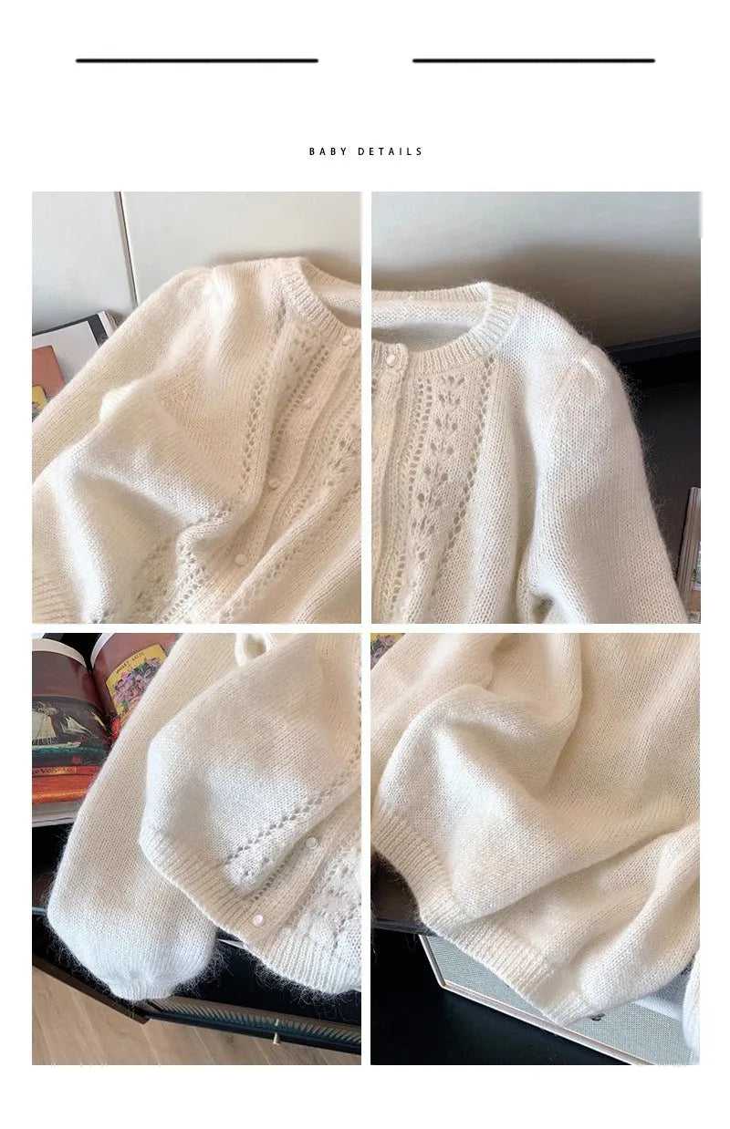 Hnewly  Elegant Hollow Out O-neck Sweater Soft Short Knitted Cardigan Women's Spring Autumn 2025 New Korean Long Sleeved Jacket