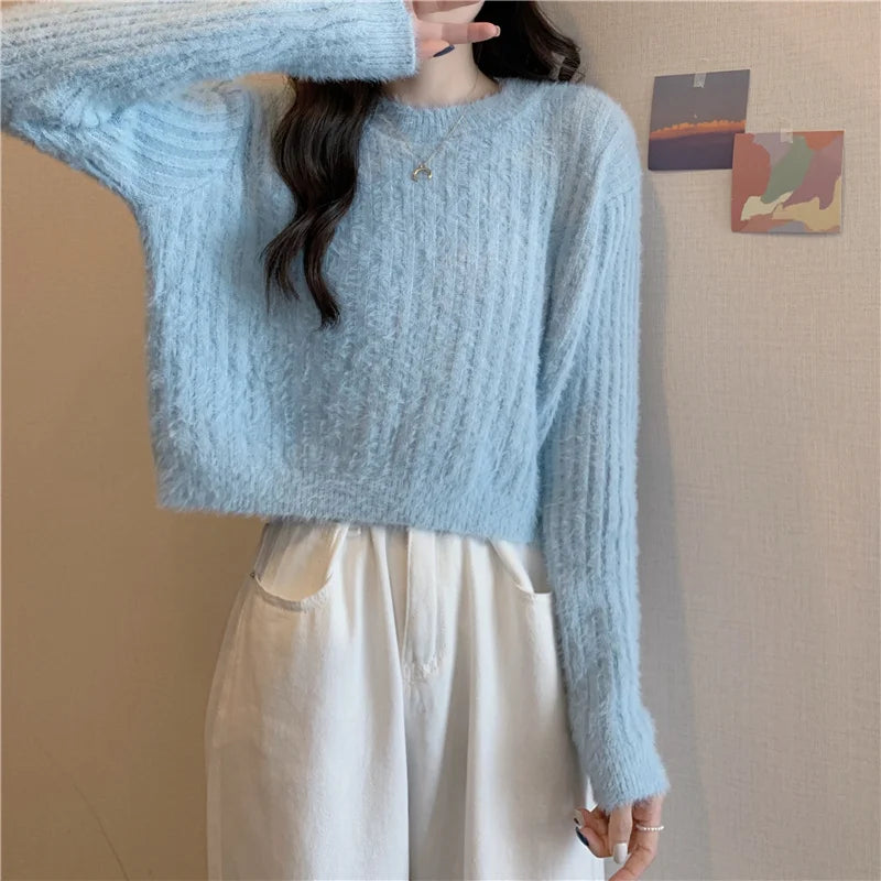Hnewly  Fuzzy Knit Top Women Pullover Long Sleeve Plain Crop Sweate Pink Fluffy Jumper for Women Teen-girl Fall Winter Y2K Outfit
