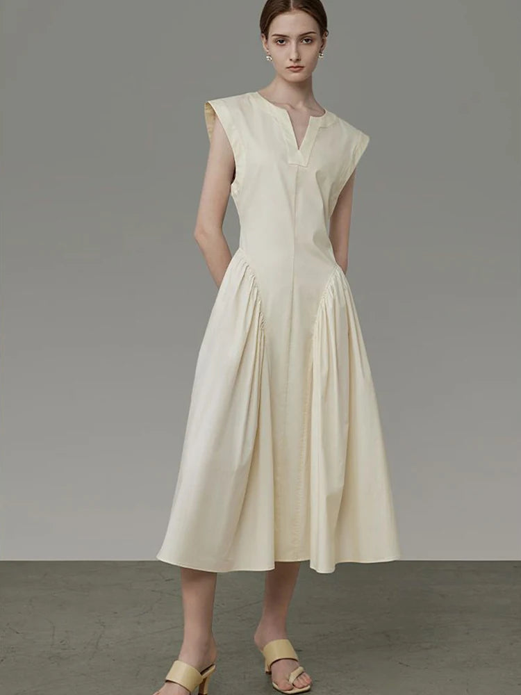 Hnewly Elegant Vintage Long Dress Women Korean Casual Design Slim Dress Retro Sweet V Neck Sleeveless Spring Summer Simple Dress