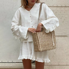 Hnewly  Women Fall Lounge Outfit Vintage Button Up V Neck Long Sleeve Blouse Shirt Tops Elastic Waist Ruffle Shorts 2 Piece Casual Set