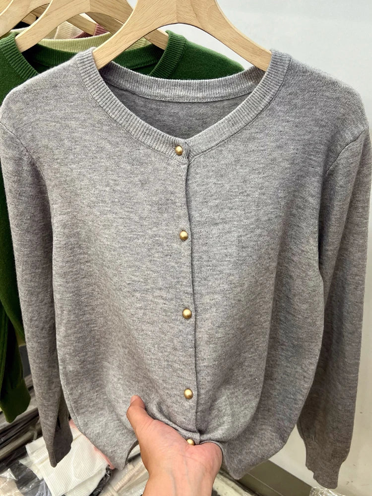 Hnewly  Gold Button Long Sleeve Sweaters Cardigan for Women Spring Autumn O-Neck Button-up Knit Jacket Tops Knitwear Basic Tops