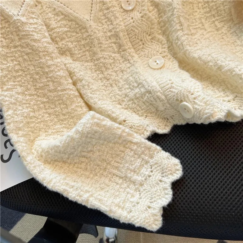 Hnewly  Korean Sweater Cardigan Women's Spring Autumn 2025 Versatile Soft Knitted Jacket Elegant Lace Single Breasted Long Sleeved Top