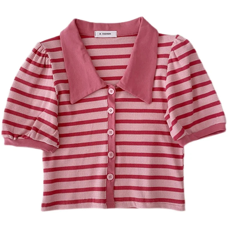 Hnewly Korean Contrast Stripe T-shirt Cardigan 2025 New Summer Women's Commuting Fashion Buttons Lapel Shirt Slim Versatile Top Trend