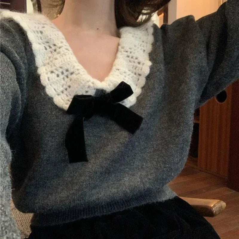 Hnewly Korean Style Sweaters Women Kawaii Sweet Elegant Knited Pullovers Grey Bow Vintage Patchwork Autumn Winter Sweaters