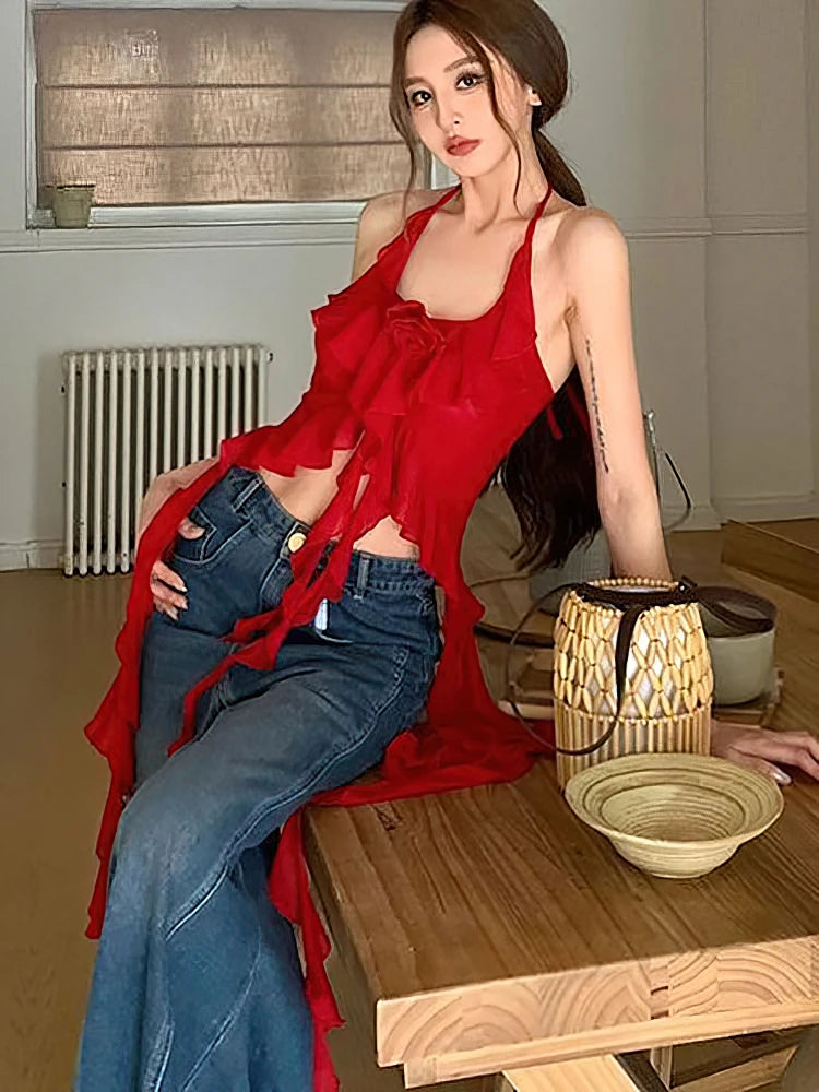 Hnewly  Sexy Y2k Vintage Thin Strape Ruffle Halter Crop Top Women Backless Basic Sleeveless T shirt Off shoulder Club Party Lady Tees
