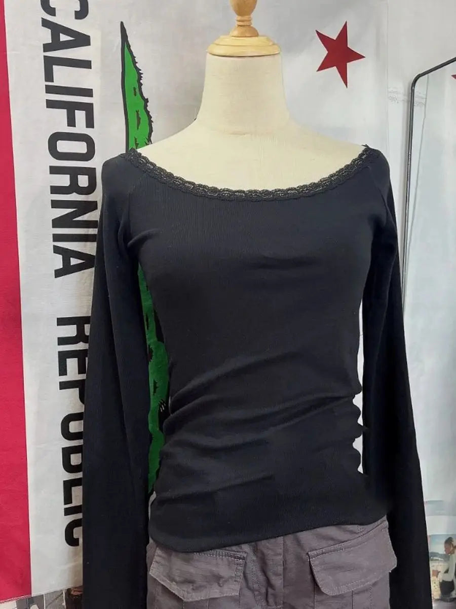 Hnewly  New Lace Patchwork Sweet Long Sleeve T Shirt For Women Sexy Scoop Neck Slim Cotton Tees Tops Vintage Solid Simple T-shirts Y2k