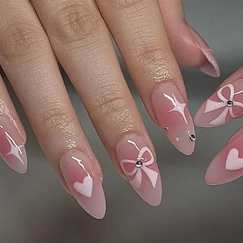 Hnewly 24Pcs Pink Almond French Press on Nails With 3D Bow ripple charms Design Fake Nails Ballerina False Nails Full Cover Nail Tips
