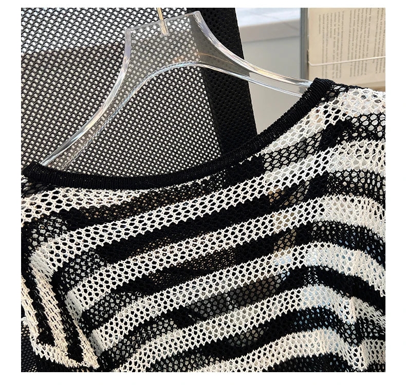 Hnewly Black White Striped Ice Silk Knitted Sweater Women Long Sleeved Loose Lazy Style Mesh Pullover Spicy Girl Hollow Out Top