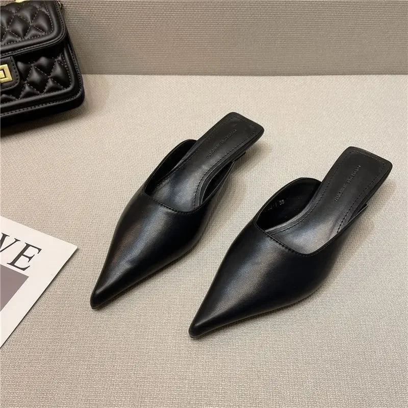 Hnewly  Woman Slippers Pointed Toe Outside Job Sandals Slides Mules Low Heel White Shoes for Women with Comfortable Luxury Korea Style