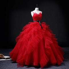 Hnewly  New Arrival Red Tulle Ruffles Sweetheart Evening Dresses Spaghetti Straps Quinceanera Prom Gown With Sashes