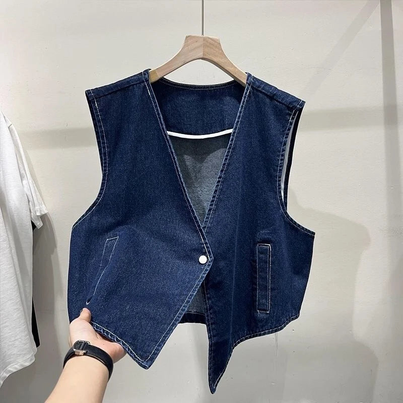Hnewly Denim Vest Jacket For Women Spring Autumn 2025 New  One Button Sleeveless irregular Coat Girls Summer Loose Versatile Top