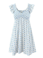 Lunivop  Sexy White Blue Flower Print Ruffle Strap Mini Dress V neck Ruched Elastic Chest Corset Sleeveless Short Tank Robe Holiday Woman