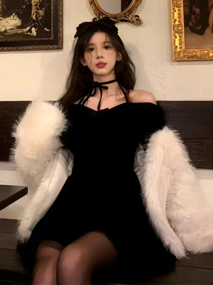 Hnewly holiday dress Winter Vintage Red Velvet Short Party Dress Woman Bow Elegant Y2k Mini Dress Lolita Kawaii One Piece Dress Korean Fashion