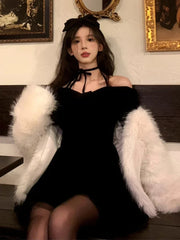 Hnewly holiday dress Winter Vintage Red Velvet Short Party Dress Woman Bow Elegant Y2k Mini Dress Lolita Kawaii One Piece Dress Korean Fashion