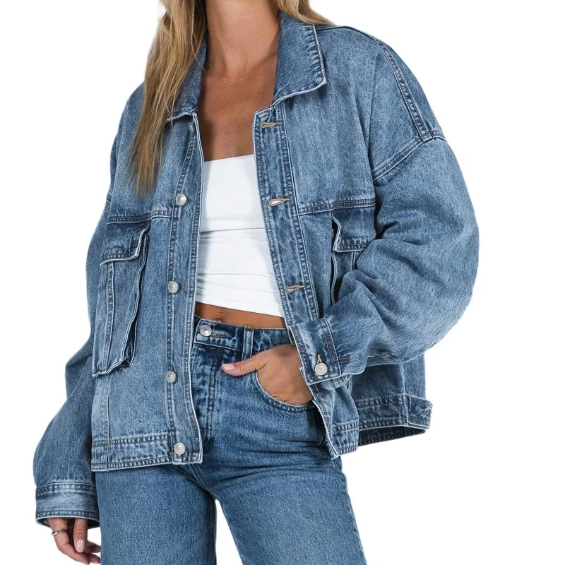 Hnewly Denim Jacket Women y2k Clothes Solid Color Turn-down Collar Single Breasted Long Sleeve Jeans Coat 2000s Streetwear