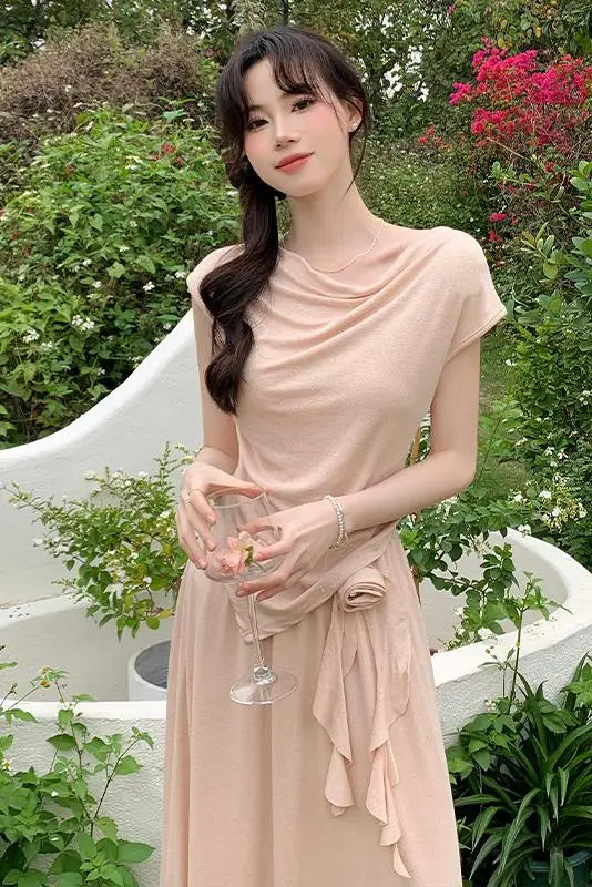 Hnewly Summer New Flowers Korean Fashion Irregular T-Shirt Top Women's French Elegant Pastoral Casual Long Skirt Two Piece Set