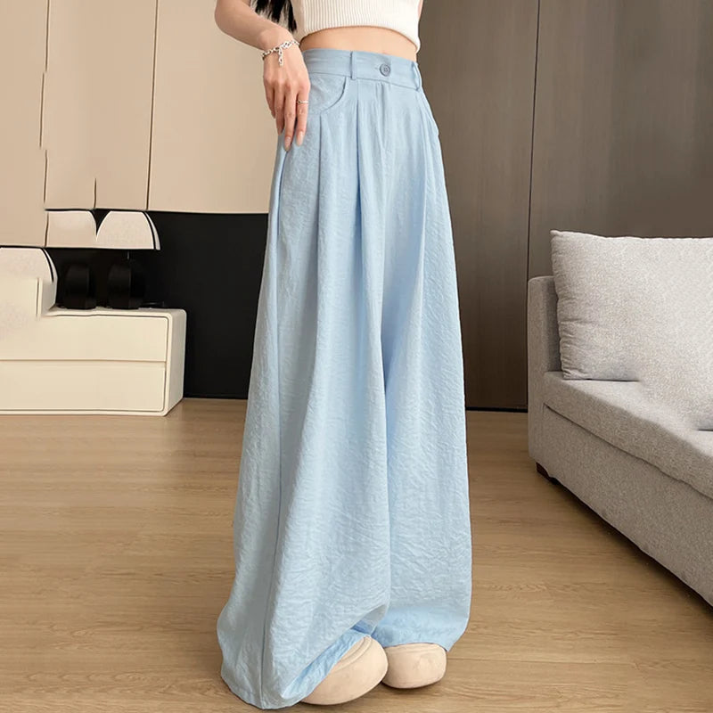 Hnewly  Summer Ice Silk Wide Leg Pants Women Korean Style High Waist Suit Trousers Woman Wild Pocket Loose Straight Pants Female