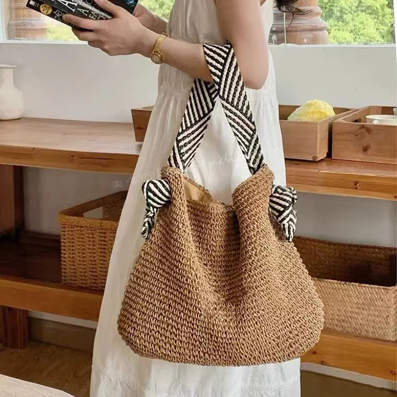 Hnewly  Women's Handmade Woven Tote Beach Bag Striped Handle Large Capacity Summer Holiday Fashion Casual Shoulder Bags