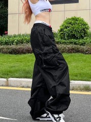 Hnewly Y2K Parachute Black Pants Women Hippie Streetwear Oversize Pockets Cargo Trousers Harajuku Wide Leg Baggy Sweatpants