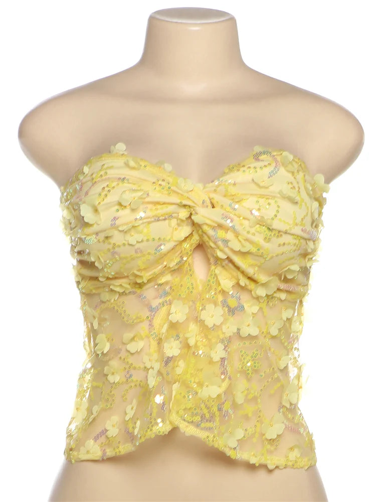 Hnewly Sequins Applique Corset Tops Women Y2K Patchwork Mesh Wrapped Kink Splits Sexy Summer Trend Midnight Party Chic Tops