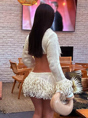 Hnewly Crochet Tassel 2 Piece Set Women  Lace-Up Cardigan Full Sleeve Crop Tops+Irregular Slits Mini Skirt Sexy Hipster Suit