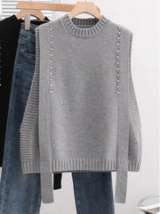 Hnewly  Elegant Bead Knitted Sweater Vest Women's Spring  Autumn Loose Versatile Comfortable Sleeveless Vest Casual Solid O-neck Top