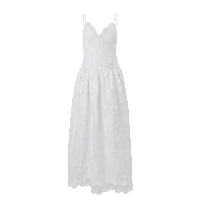 Hnewly Elegant Women Backless Party Dress Sexy Sling V Neck Mesh Long Dresses Spring Summer New Ladies White Wedding Vestidos