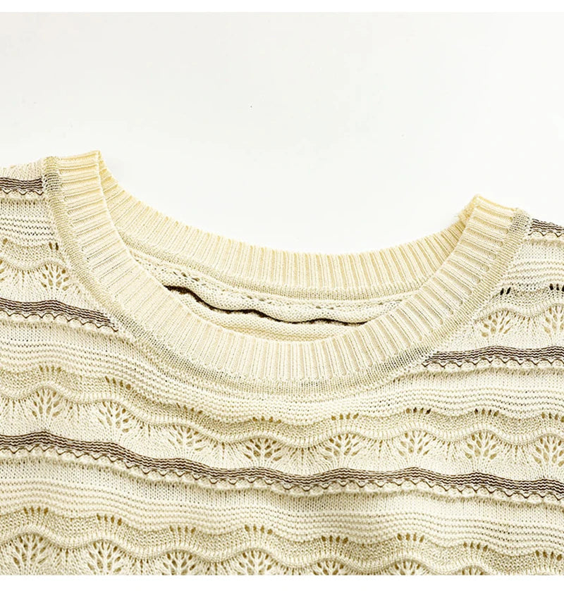 Hnewly  Hollow Out Ice Silk Knitted T-shirt Retro Round Neck Wave Pattern Short Sleeve Tee Women's Spring/Summer New Fashion Loose Top