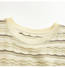 Hnewly  Hollow Out Ice Silk Knitted T-shirt Retro Round Neck Wave Pattern Short Sleeve Tee Women's Spring/Summer New Fashion Loose Top