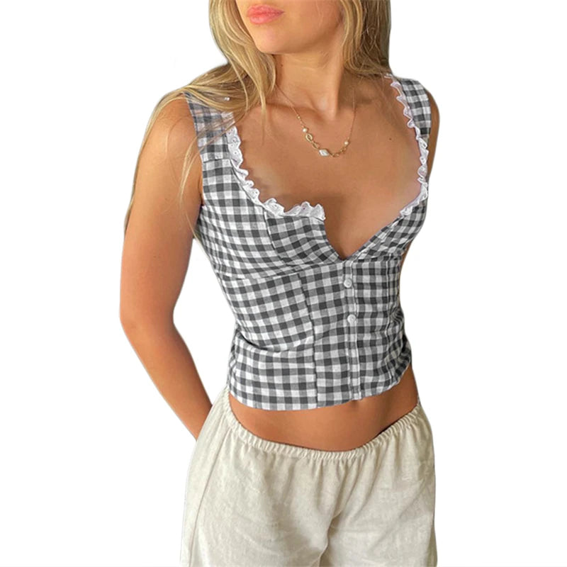 Hnewly Plaid Crop Top y2k Aesthetic Women Lace Trim Square Collar Button Down Sleeveless Tanks 2000s Clothing Streetwear