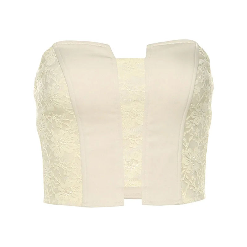 Hnewly  Elegant Women's Tube Top Lace Skirt Suit Slim Sleeveless Backless Crop Tops Ruffle Lace Up Skirts Fashion Summer Lady Set