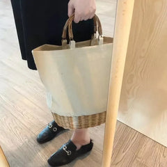 Hnewly  Handmade Wicker Rattan Top Handle Bag Straw Beach Shoulder Bag Holiday Bag Bridesmaid Gift Tote Wedding Party Gift
